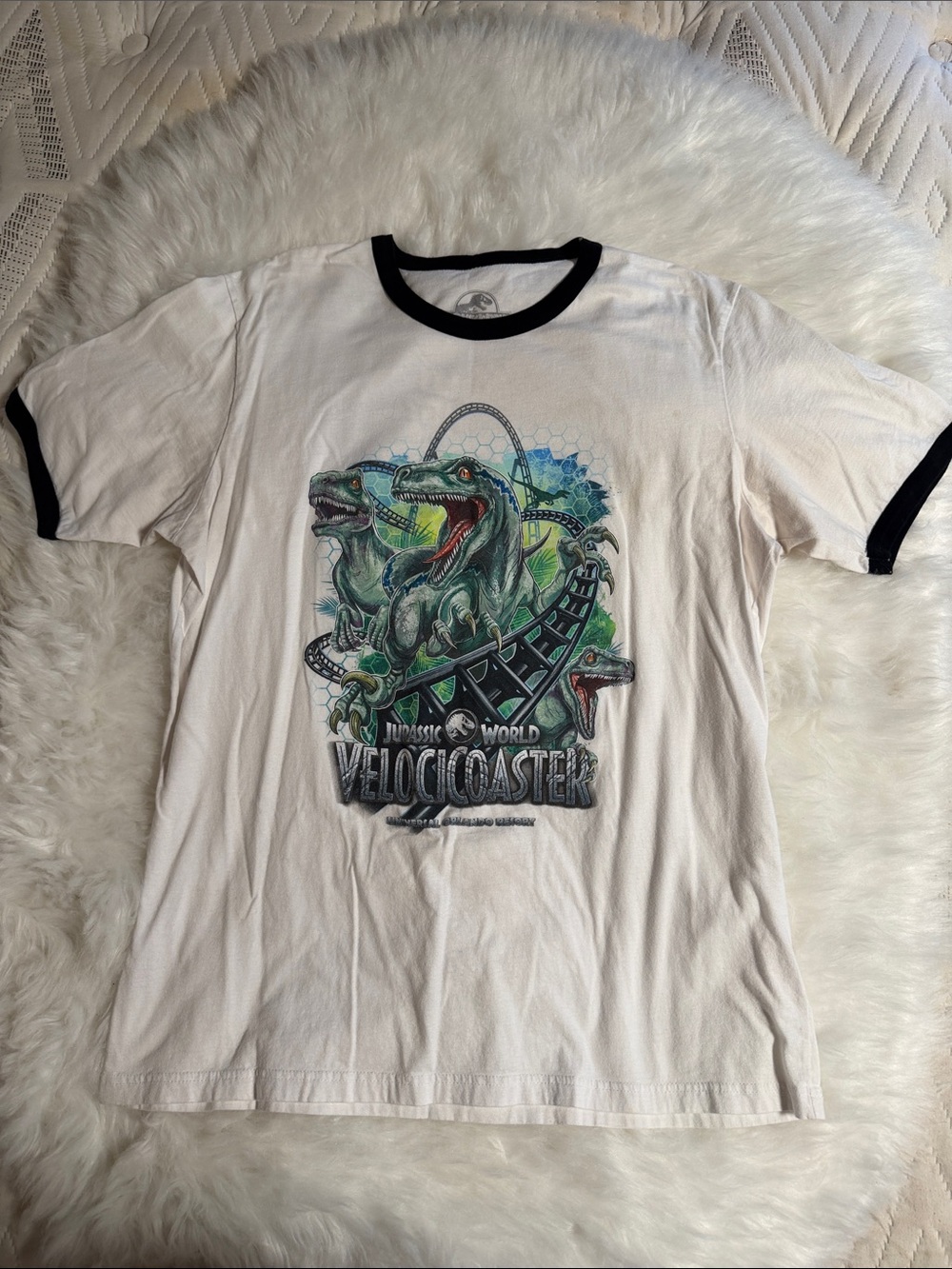 Jurassic World Velocicoaster Ringer Tee - White with Black Trim